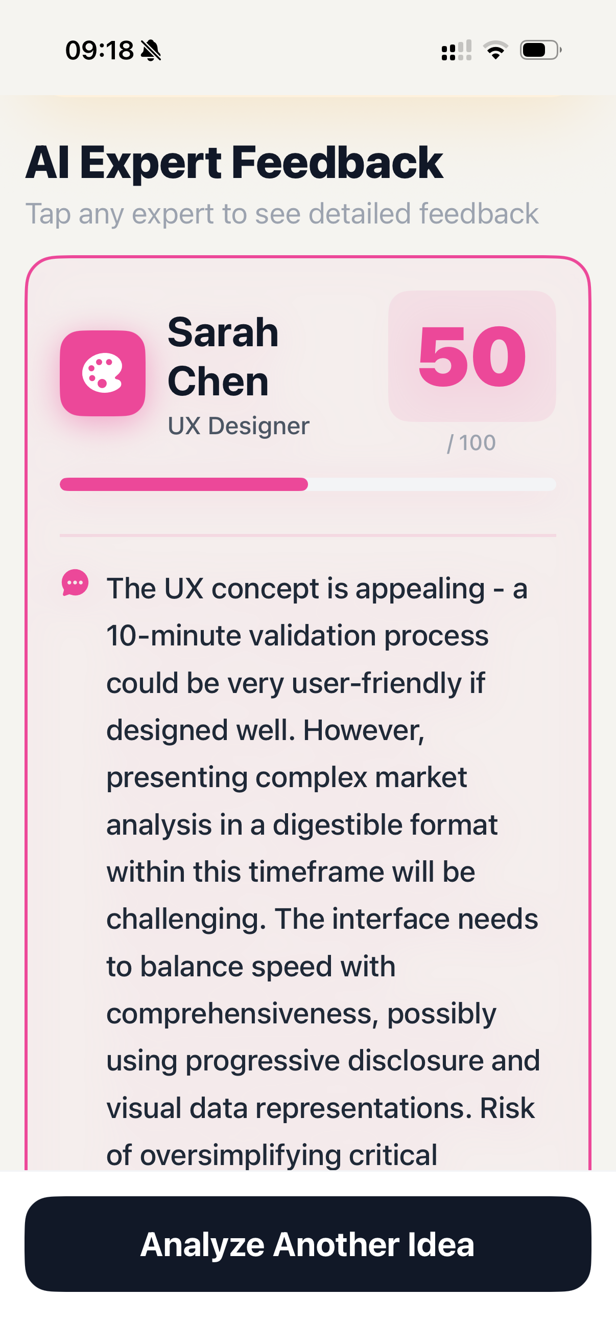 VibeThink expert feedback screen for an app idea