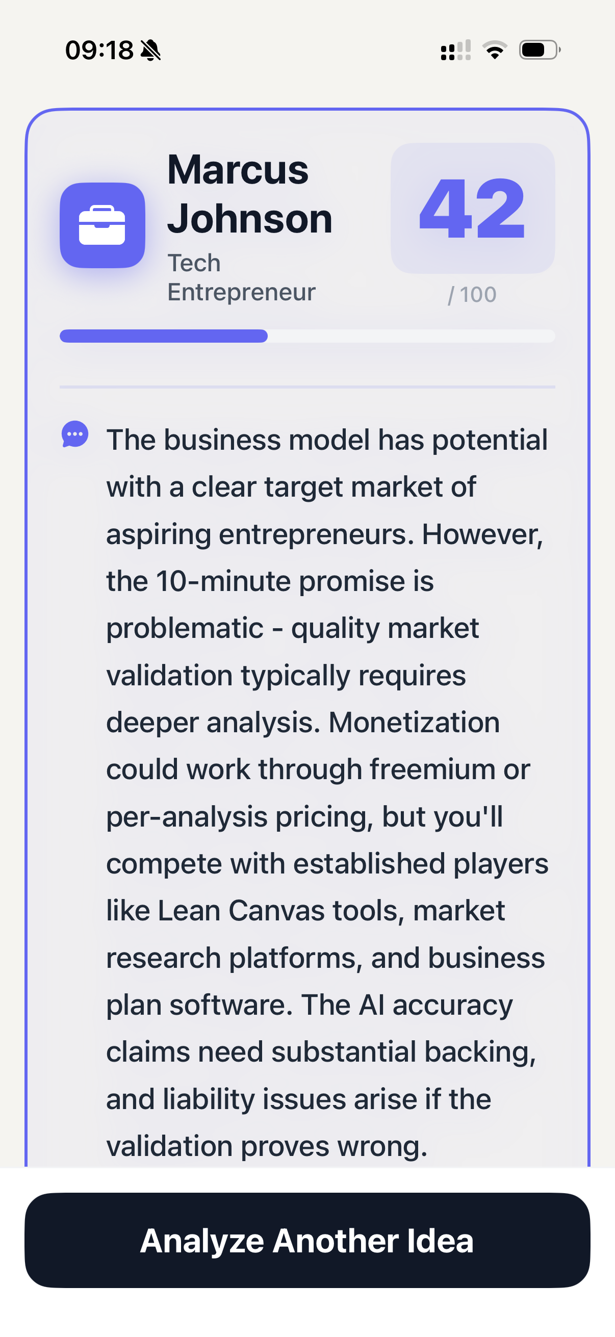 VibeThink business model feedback for a startup idea